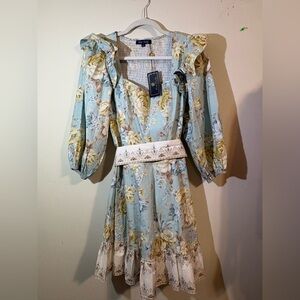 Trish Scully Women’s XS floral Blue long Puffy  ruffle sleeve mini dress NWT
